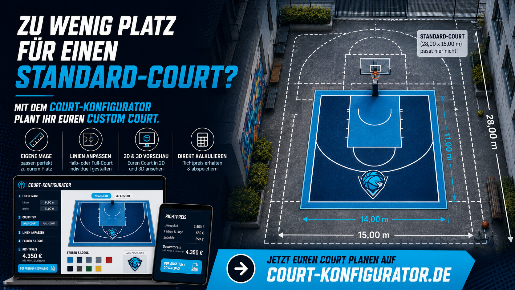 Zu wenig Platz für ein Standard-Basketballfeld?